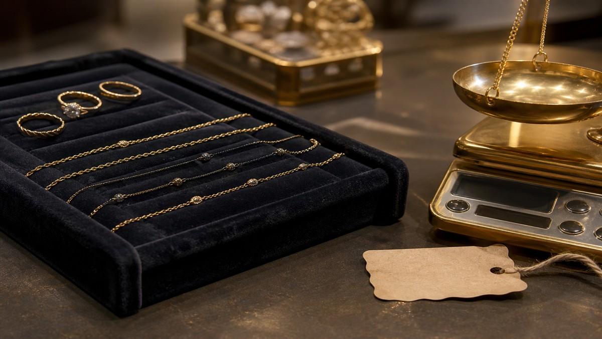 طلای کماجرت در طلافروشی — زیورآلات ساده کنار ترازو و برچسب قیمت