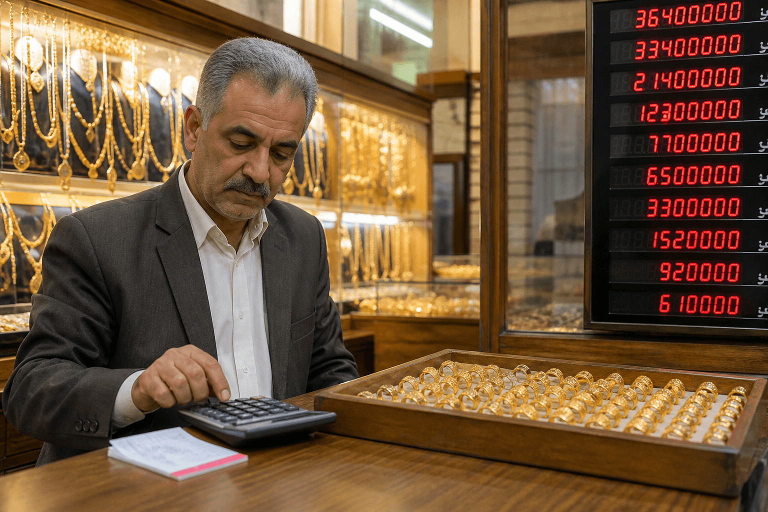 طلافروش در حال محاسبه نرخ روز مظنه و قیمت گرم روی ماشینحساب فروشگاه