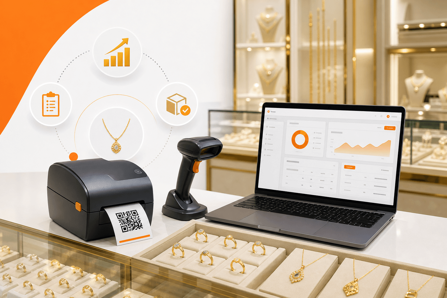 چاپ برچسب QR و اسکن بارکد در طلافروشی — لیبلزن، بارکدخوان و موجودی