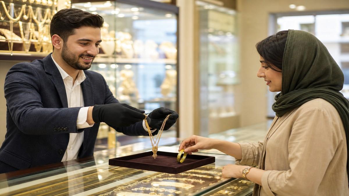 تعویض طلا در طلافروشی — فروشنده و مشتری جوان هنگام تحویل کالای نو در برابر طلای کارکرده