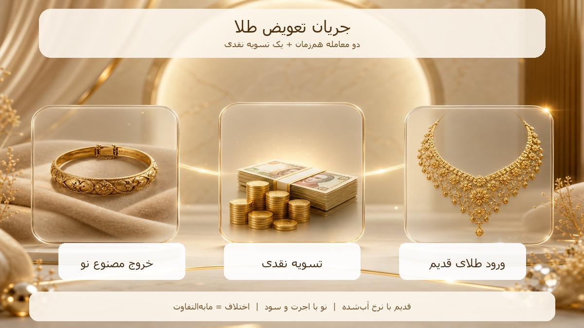 نمودار جریان تعویض طلا: ورود طلای قدیم، خروج مصنوع نو و مابهالتفاوت نقدی